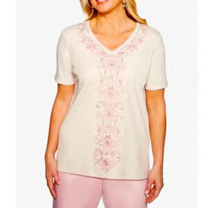 Alfred Dunner Tan Embroidered Studded Top